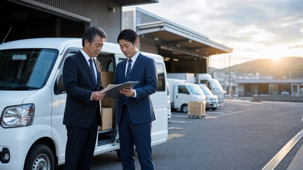 軽貨物配送会社のM&Aをテーマに、小型配送車と物流拠点で事業承継の打ち合わせをする様子を表したアイキャッチ画像