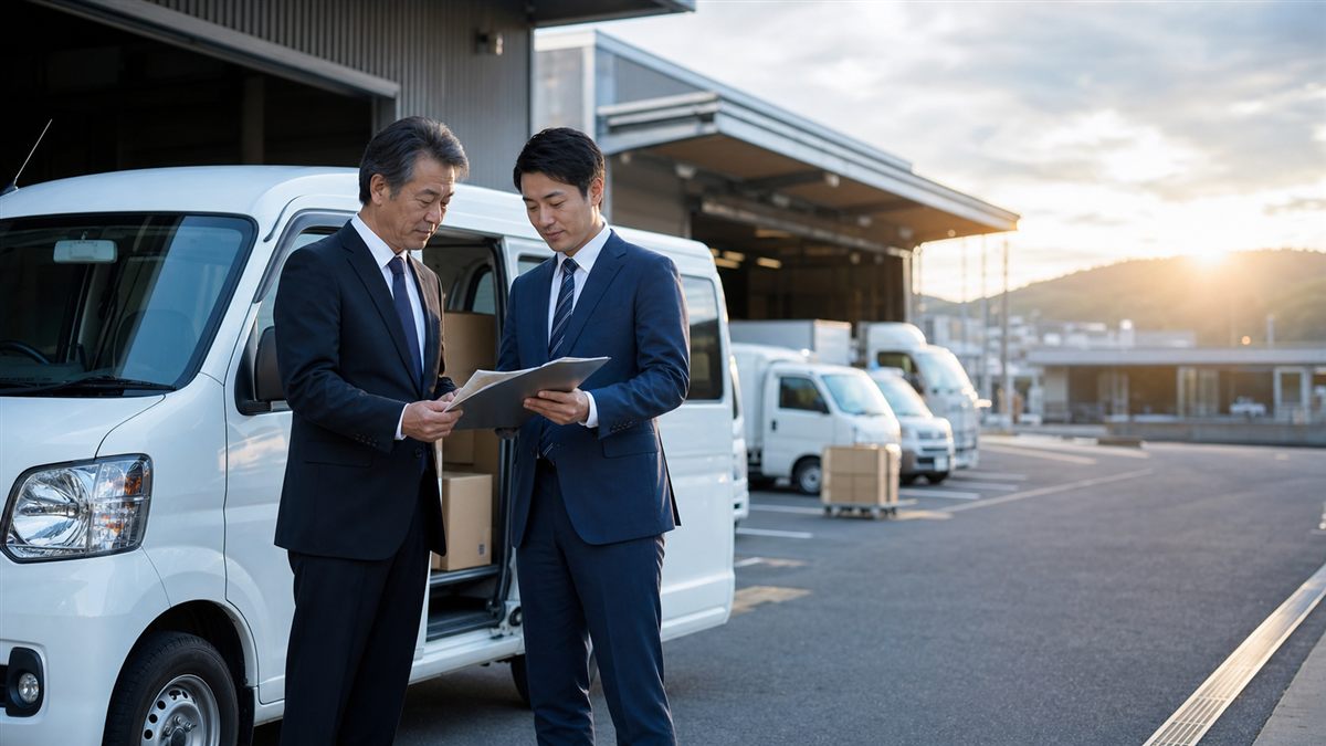 軽貨物配送会社のM&Aをテーマに、小型配送車と物流拠点で事業承継の打ち合わせをする様子を表したアイキャッチ画像