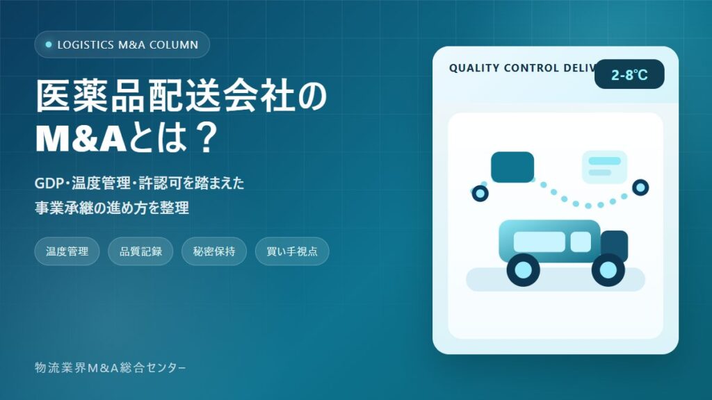 医薬品配送会社のM&Aをテーマに、温度管理された配送車両とデータ管理を表現したアイキャッチ画像