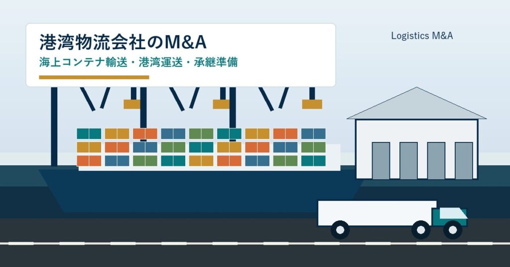港湾物流会社のM&Aをテーマに、コンテナターミナルとトラック、倉庫、承継の打ち合わせを表したアイキャッチ画像