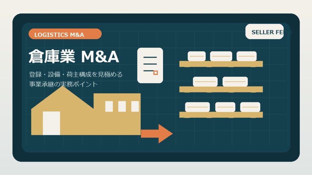 倉庫業 M&Aをテーマに、倉庫施設と書類、物流動線をモチーフに表現したアイキャッチ画像