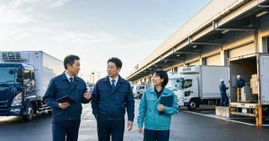 冷凍冷蔵車と一般貨物車が並ぶ物流拠点を確認する地域運送会社の経営陣