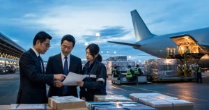 国際航空貨物ターミナルで輸送計画を確認する物流会社の経営陣と現場担当者