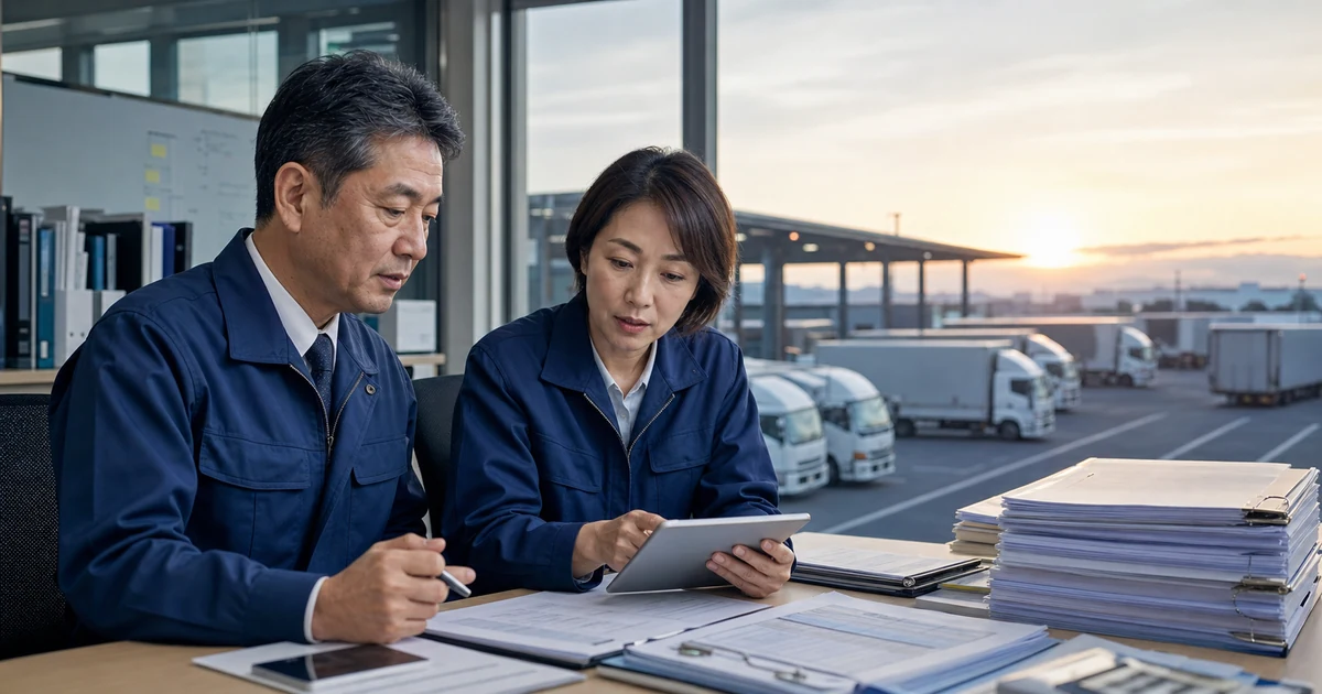 物流法改正対応の書類と配車記録を確認する運送会社の経営者と担当者
