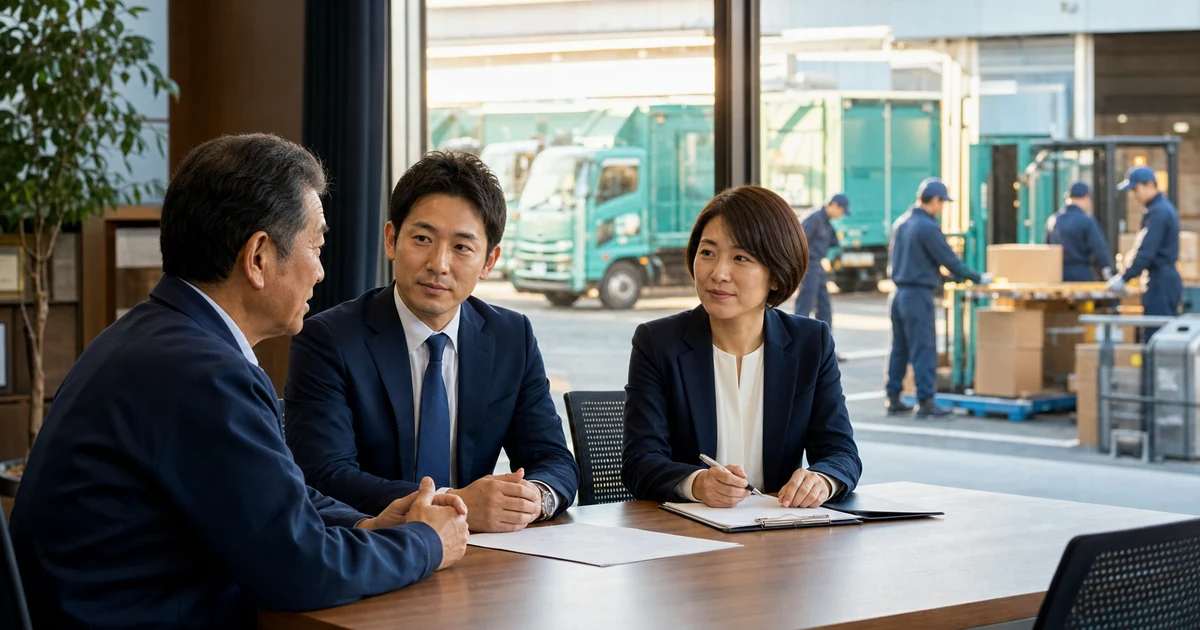 地域の物流拠点を背景に事業承継を協議する運送会社経営者と後継者