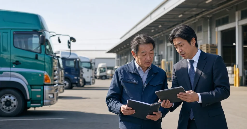 トラック車庫で車両台帳と企業価値を確認する運送会社経営者とM&A担当者