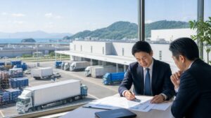 福岡の物流会社M&Aを検討する経営者と物流拠点のイメージ