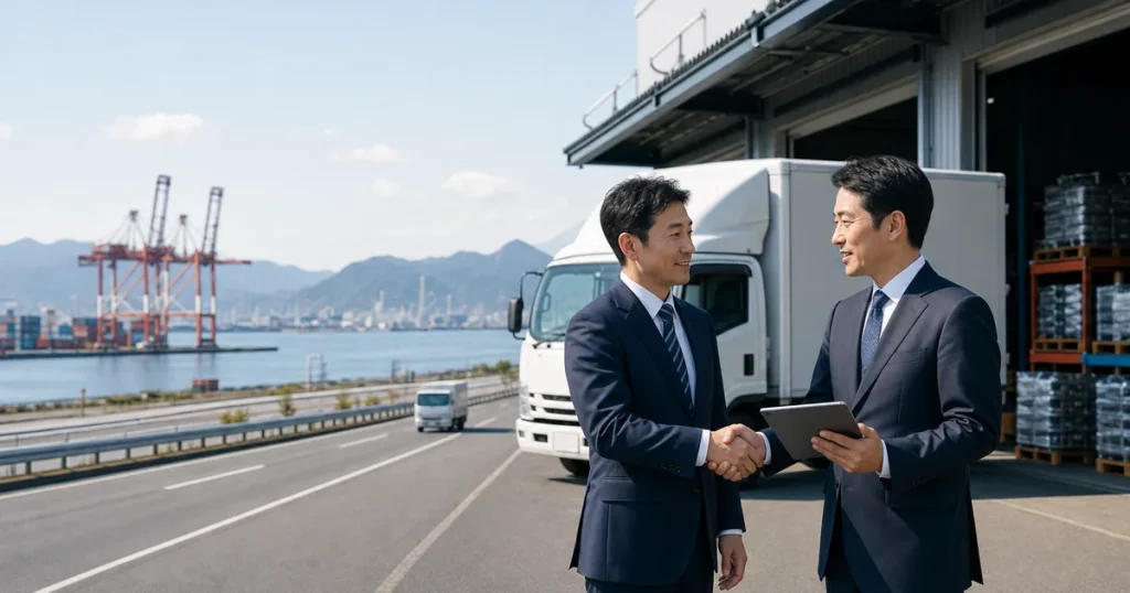 広島の物流会社M&Aを表す港湾・倉庫・トラックと経営者のオリジナル画像
