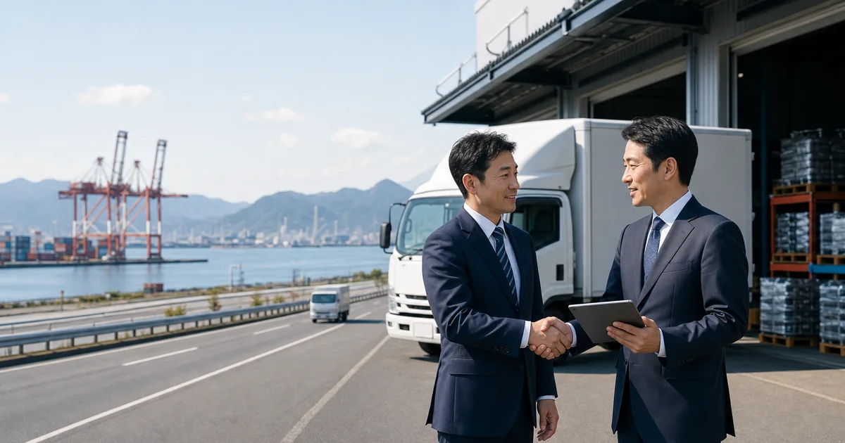 広島の物流会社M&Aを表す港湾・倉庫・トラックと経営者のオリジナル画像