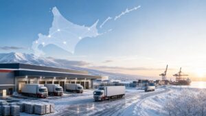 北海道の物流会社M&Aを表す雪景色の物流拠点と冷凍冷蔵トラックのイメージ