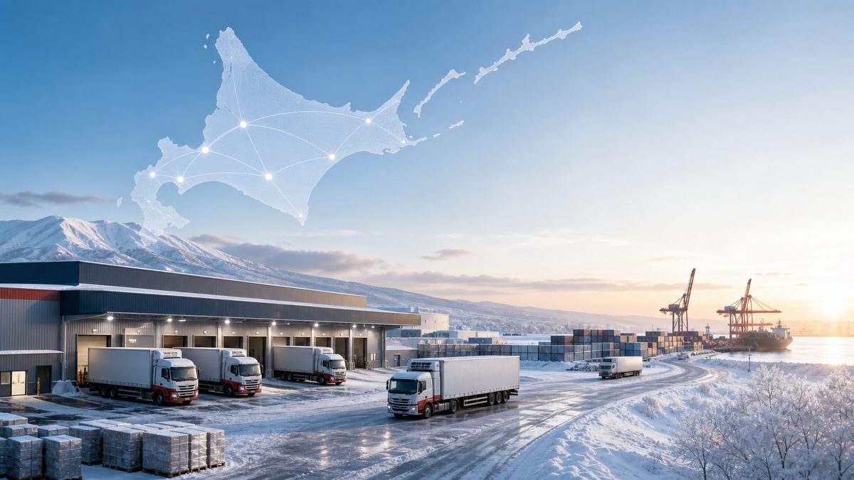 北海道の物流会社M&Aを表す雪景色の物流拠点と冷凍冷蔵トラックのイメージ