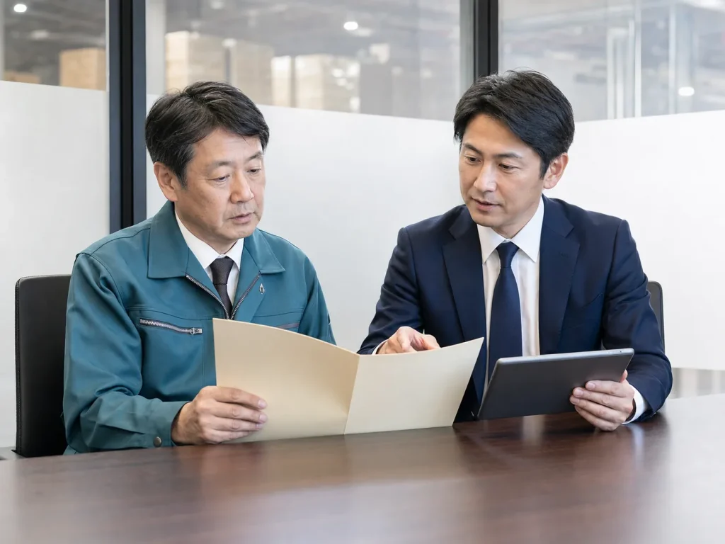 経営情報の開示範囲を確認する物流会社経営者とM&A担当者