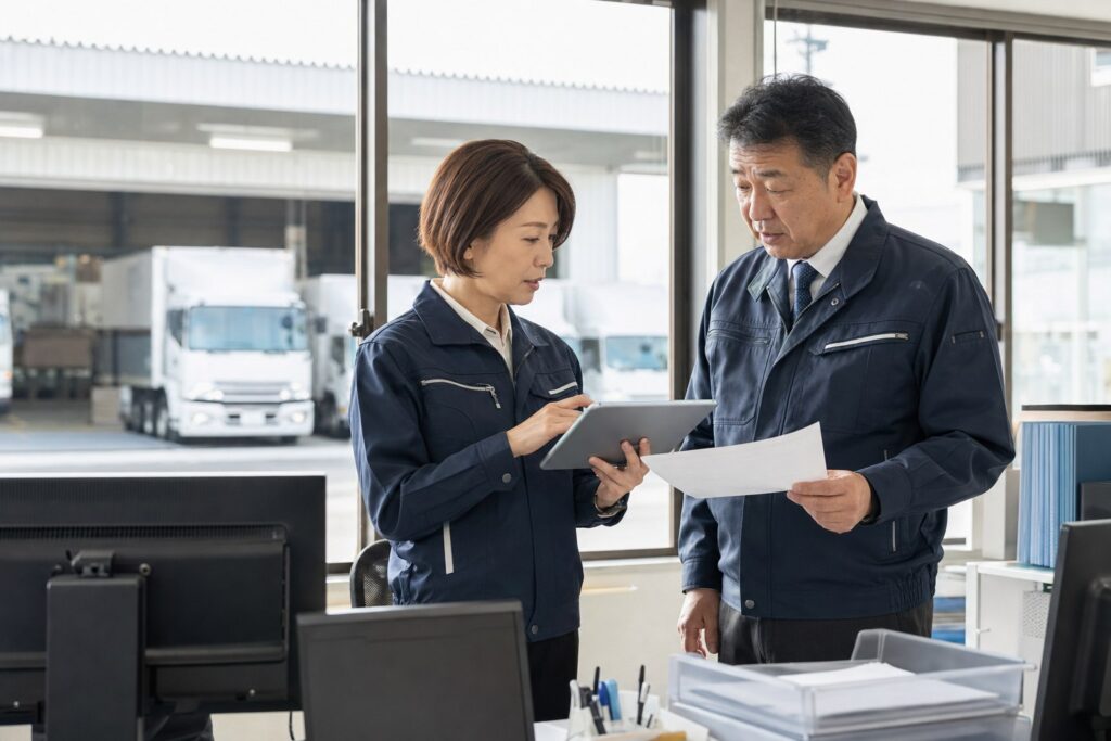 配車室で運行データと車両計画を確認する物流会社経営者と運営責任者