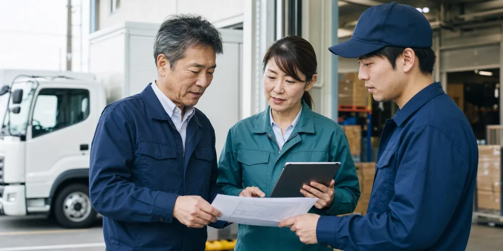 物流倉庫で事業承継の引き継ぎ計画を確認する経営者と運営担当者