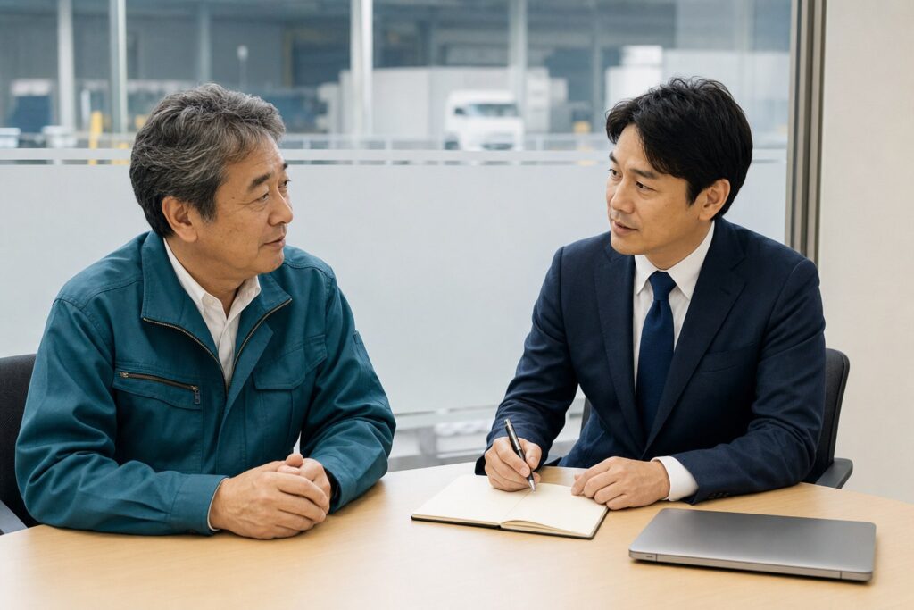 物流会社の売却を決める前に相談する経営者とM&A担当者