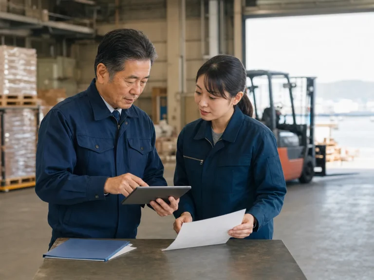 物流倉庫でタブレットと資料を確認する運営担当者