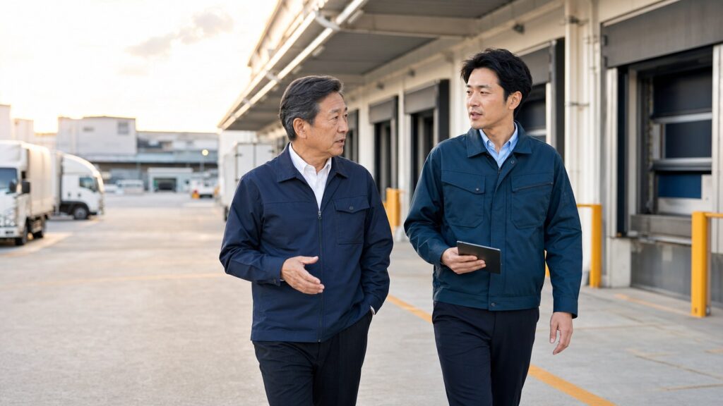 物流拠点を歩きながら事業承継の引き継ぎを確認する経営者と運営責任者