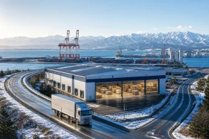 新潟港のコンテナターミナルと雪山、物流倉庫、トラックで新潟の物流会社M&Aを表現した画像