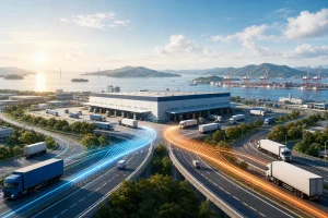 岡山の物流拠点と水島港、高速道路を走るトラックを描いたM&Aコラムのアイキャッチ
