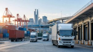大阪の運送会社M&Aを表す倉庫とトラックと港湾物流のオリジナル画像
