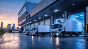 冷凍冷蔵物流会社のM&Aを表す低温物流センターと冷凍車両のイメージ