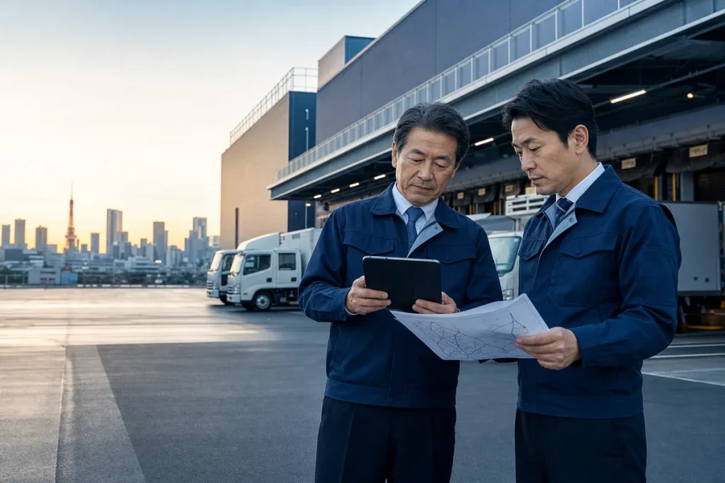 東京の物流センターで運送会社M&Aと事業承継を検討する経営者
