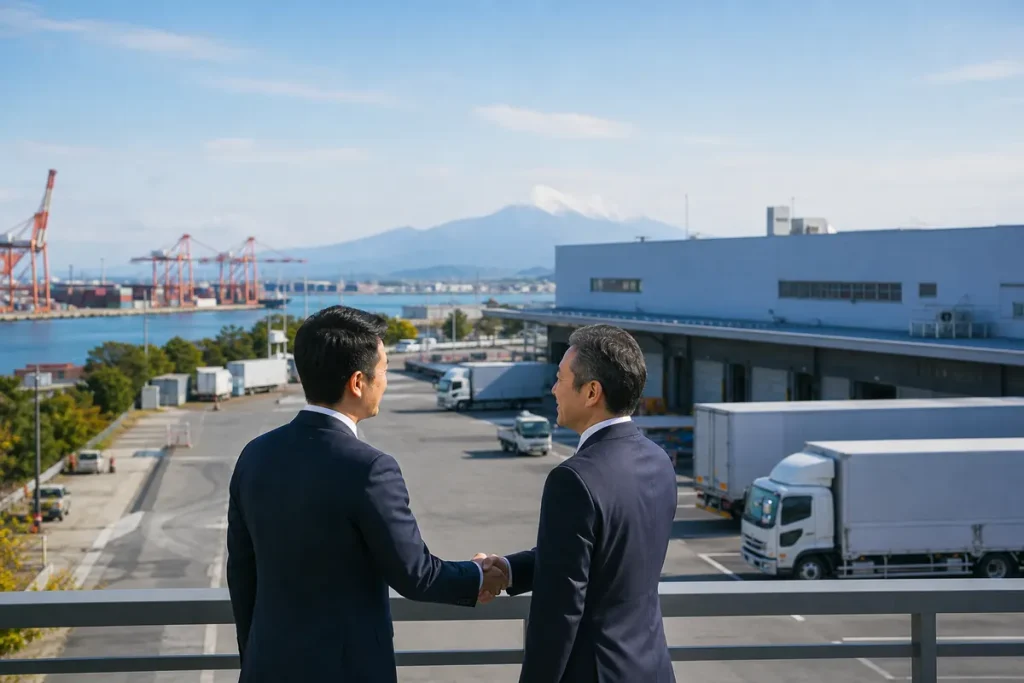 宮城・仙台の物流会社M&Aを表す仙台港近くの物流拠点と経営者の握手